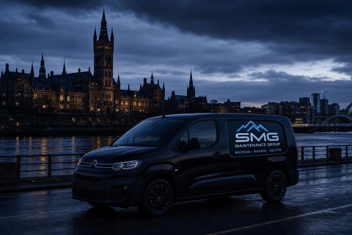 SMG Maintenance Group branded black van with Glasgow skyline